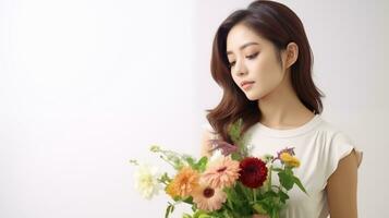 A Japanese florist looks to the left in a thinking pose AI generated photo