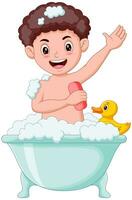 Happy boy take a bath in the bathtub. Vector illustration