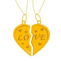 Gold pendant in the shape of a heart. Inscription love. Vector element isolated on white background