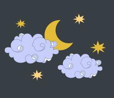 Crescent moon in clouds, stars, vector design on dark background