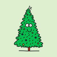 Funny cartoon Christmas tree isolated on green background. Vector character with smiling faces and baubles. Doodle bold lines style. Merry Christmas, New year concept