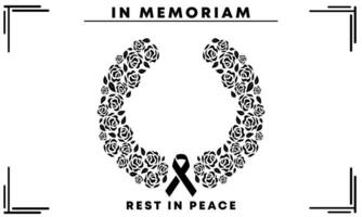 Black Respect ribbon and black rose round on white background Banner. Rest in Peace Funeral Vector Illustration.