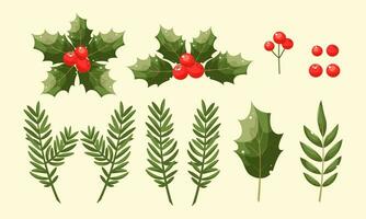 Set of Christmas elements for typographic design. Leaves, spruce branches, red berries. Vector illustration in modern style. Merry christmas celebration clip art.