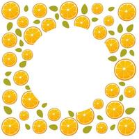 Frame of round identical orange slices with leaves on an white background. A circle of empty space for text in the middle. Citrus background for orange products posters, cards. Vector illustration.