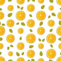 Seamless pattern of round orange slices with leaves on white. Fresh citrus background suitable for summer fabrics, wallpapers, orange products posters, New Year's wrapping paper. Vector illustration.