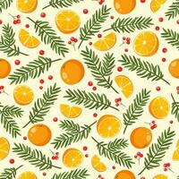 Seamless vector pattern of Christmas decorations, fir branches, oranges, holly berries, snowflakes on a white background. Decorative New Year pattern for holiday packaging, wrapping paper, textiles.