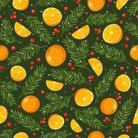 Seamless vector pattern of Christmas decorations, fir branches, oranges, holly berries, snowflakes on a green background. Decorative New Year pattern for holiday packaging, wrapping paper, textiles.