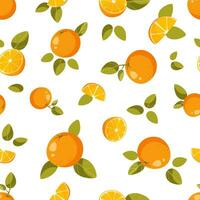 sin costura patrón, todo naranjas, mitades y naranja rebanadas, con verde hojas en un blanco antecedentes. resumen Fruta antecedentes. ideal para textil producción, fondo de pantalla, carteles, etc vector ilustración