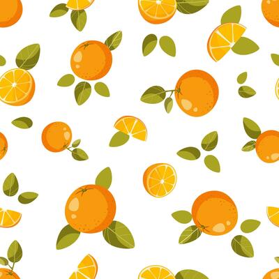 Seamless pattern, whole oranges, halves and orange slices, with green leaves on a white background. Abstract fruit background. Ideal for textile production, wallpaper, posters, etc.Vector illustration