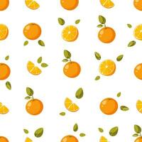 Seamless pattern, whole oranges, halves and orange slices, with green leaves on a white background. Fruit background. Ideal for textile production, wallpaper, posters, etc. Vector illustration