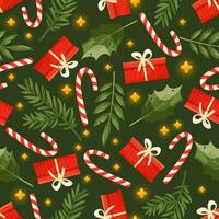Holiday seamless pattern with red gift box, spruce branches sparkling stars, holly leaves and lollipops. Christmas, New Year vector background for wrapping paper, textile, card on dark background