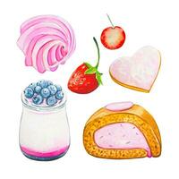 Set with sweets, collection of bakery, cookies, marshmallows. Watercolor vector