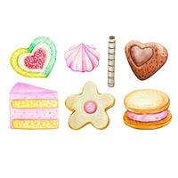 Set with sweets, collection of bakery, cookies, marshmallows. Watercolor vector