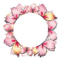 Wreath with abstract butterflies in pink and yellow tones, watercolor vector