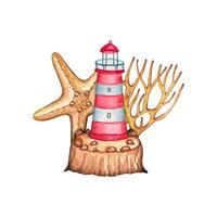 Hand drawn lighthouse on rocky surface,starfish,corals. watercolor vector