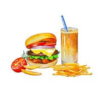 Fresh tasty burger with french fries, milkshake. Watercolor illustration vector