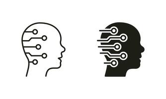 Human Head with Circuit Silhouette and Line Icons Set. Digital Technology and Artificial Intelligence Concept Pictogram. Tech Science Innovation Black Symbol Collection. Isolated Vector Illustration.