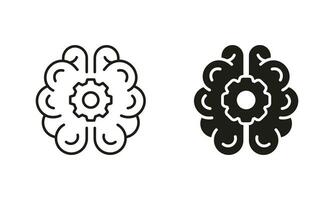 Human Brain with Gear Silhouette and Line Icons Set. Technical Solution Black Symbol Collection. Engineering Concept. Smart Innovation Pictogram. Isolated Vector Illustration.