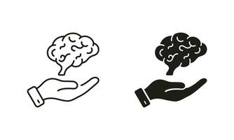 Human Brain with Hand Mind Health Care Pictogram. Neurology, Psychology Line and Silhouette Icon Set. Education, Logic Analysis, Memory Symbols on White Background. Isolated Vector Illustration.