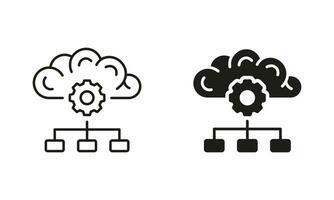 Human Brain Digital Cloud Concept Silhouette and Line Icons Set. AI Smart Technology Black Symbol Collection. Data Science, Artificial Intelligence Pictogram. Isolated Vector Illustration.