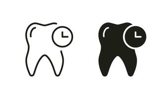 Dentist Appointment, Human Tooth with Clock Silhouette and Line Icon Set. Time to Check Dental Health Pictogram. Orthodontic Treatment Schedule Black Symbol Collection. Isolated Vector Illustration.