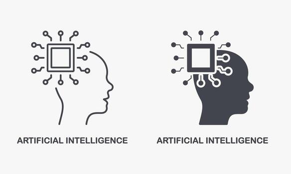 AI in Human Brain Pictogram. Digital Technology and Machine Learning Symbol Collection. Artificial Intelligence Silhouette and Line Icon Set. Isolated Vector Illustration.