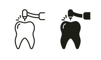 Drilling Tooth Silhouette and Line Icons Set. Dentist Drills Teeth, Endodontics Procedure. Root Canal Treatment Pictogram. Dentist's Instrument Black Symbol Collection. Isolated Vector Illustration.