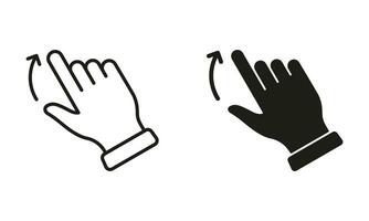 Hand Finger Gesture Swipe, Drag Up Line and Silhouette Black Icon Set. Slide Up Pictogram. Pinch Screen, Rotate on Touch Screen Symbol Collection on White Background. Isolated Vector Illustration.