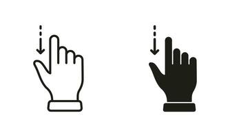 Drag Down, Hand Finger Swipe Line and Silhouette Black Icon Set. Pinch Screen, Rotate Touch Screen Pictogram. Gesture Slide Down Symbol Collection on White Background. Isolated Vector Illustration.