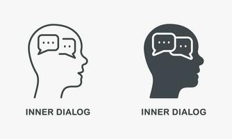 Personality Cognition, Dialog with Yourself Pictogram. Internal Conversation, Think Process Sign Collection. Inner Dialog in Human Head Silhouette and Line Icon Set. Isolated Vector Illustration.