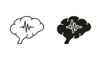 Brain Activity Diagnostic Black Symbol Collection on White Background. Human Brain with Wave Silhouette and Line Icons Set. Medical Neurology Science Pictogram. Isolated Vector Illustration.