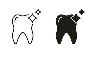 oral higiene, brillante limpiar dientes pictograma colocar. humano diente brillar línea y silueta icono colocar. dental tratamiento símbolo colección en blanco antecedentes. odontología signo. aislado vector ilustración.