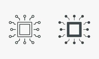 CPU Silhouette and Line Icon Set. Central Processing Unit, Electronic Circuit Symbol Collection. Micro Chip Board, Digital Technology, Artificial intelligence Pictogram. Isolated Vector Illustration.
