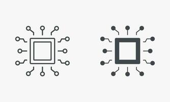 CPU Silhouette and Line Icon Set. Central Processing Unit, Electronic Circuit Symbol Collection. Micro Chip Board, Digital Technology, Artificial intelligence Pictogram. Isolated Vector Illustration.