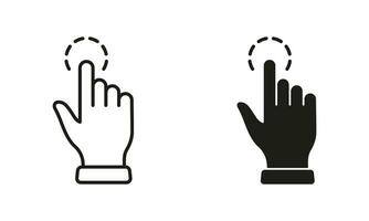 Touch Gesture, Hand Cursor for Computer Mouse Line and Silhouette Icon Set. Swipe, Click, Tap, Press, Point Sign Collection on White Background. Pointer Finger Pictogram. Isolated Vector Illustration.