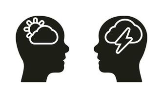 Human Head with Sad and Good Mood Pictogram. Pessimism and Optimism Solid Sign. Positive and Negative Thinking Silhouette Icon Set. Healthy Mind Symbol. Mental Health. Isolated Vector Illustration.