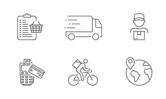 E-commerce Line Icon Set. Online Shop Linear Pictogram. Supermarket Shopping, Purchase Payment Outline Symbol. Global Delivery, Shipping Sign. Editable Stroke. Isolated Vector Illustration.