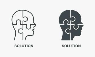 Solution, Puzzle in Human Head Silhouette and Line Icon Set. Creation Idea, Person Brain and Jigsaw Pictogram. Intellectual Process, Brainstorm Symbol Collection. Isolated Vector Illustration.