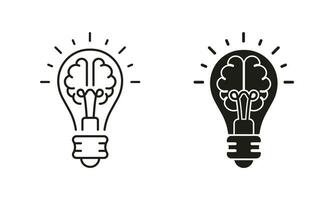 Inspiration, Creative Idea Symbol Collection on White Background. Knowledge, Smart Solution Line and Silhouette Icon Set. Light Bulb and Human Brain Pictogram. Isolated Vector Illustration.