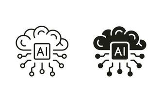 Artificial Intelligence Silhouette and Line Icons Set. Human Brain with Circuit Pictogram. Digital Technology Concept. Tech Science Black Symbol Collection. Isolated Vector Illustration.