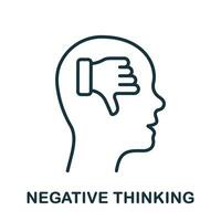 Negative Thinking Line Icon. Thumb Down in Human Head Outline Sign. Mental Disorder, Bad Mood Linear Pictogram. Pessimism, Frustration Symbol. Editable Stroke. Isolated Vector Illustration.