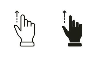 Hand Finger Drag Up Line and Silhouette Black Icon Set. Gesture Swipe and Slide Up Pictogram. Pinch Screen, Rotate on Screen Symbol Collection on White Background. Isolated Vector Illustration.