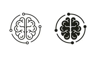 Human Brain and Digital Technology Silhouette and Line Icons Set. Neurology and Artificial Intelligence Black Symbol Collection on White Background. Tech Science Sign. Isolated Vector Illustration.