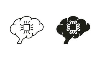 Human Brain and Network Chip, Modern Technology Silhouette and Line Icons Set. AI, Innovation Neuroscience Pictogram. Artificial Intelligence Black Symbol Collection. Isolated Vector Illustration.