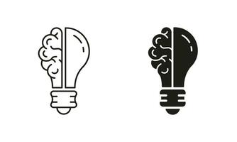 Light Bulb Inspiration, Knowledge, Smart Solution Line and Silhouette Icon Set. Human Brain and Lightbulb Idea Pictogram. Innovation Symbol on White Background. Isolated Vector Illustration.