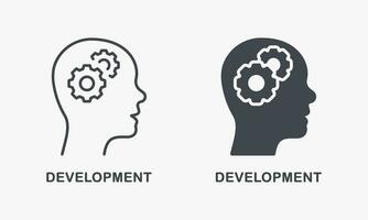 Human Head with Gear Brainstorm Pictogram. Brain and Cog Wheel Development Silhouette and Line Icon Set. Education Development Symbol Collection, Intellectual Process. Isolated Vector Illustration.