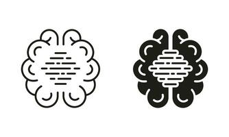 Tech Science Silhouette and Line Icons Set. Artificial Intelligence Pictogram. Human Brain with Circuit, Digital Technology Black Symbol Collection. Isolated Vector Illustration.