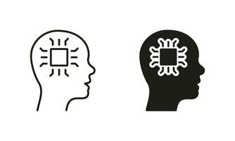 Human Head and Chip Technology Silhouette and Line Icons Set. Innovation Neuroscience AI Concept Pictogram. Artificial Intelligence Black Symbol Collection. Isolated Vector Illustration.