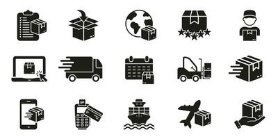 Distribution and Logistic Silhouette Icon Set. Cargo Fast Delivery Glyph Pictogram. Parcel Package, Express Transportation Solid Sign. Online Shopping Symbol Collection. Isolated Vector Illustration.