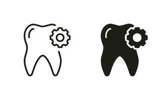 Dental Repair Silhouette and Line Icon Set. Tooth with Gear, Medical Extraction Pictogram. Orthodontic Oral Medicine. Dental Treatment, Dentistry Black Symbol Collection. Isolated Vector Illustration.